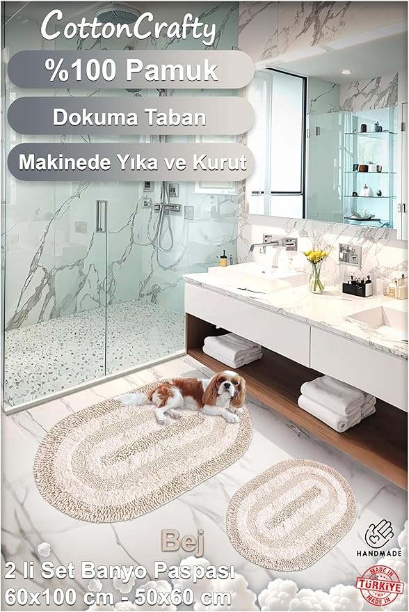 Pamuk El Tafting Banyo Paspas Seti, Banyo Halısı Cottonway 2 Li Set 60x100-60x50 (BEJ) - Görsel 4