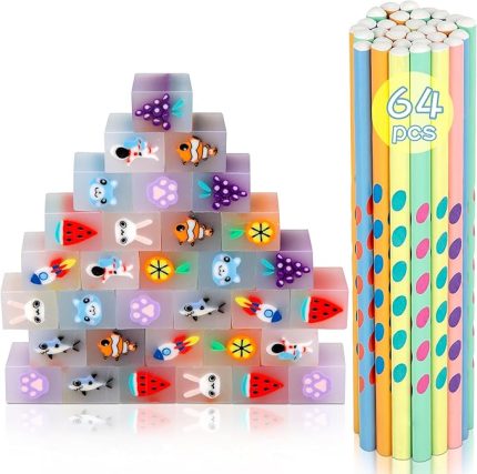 64 ADET Yenilik Kalem ve Kauçuk Seti, Çocuklar için 32 Sevimli Kauçuk Silgi ve Çocuklar için 32 Üçgen Kalem, Eğlenceli Kırtasiye Seti Okul Sınıfı için Harika Olur (Üçgen Kalem)