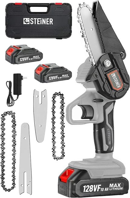 Alman 128 Vf 10 Ah Bakır Sargılı Akülü Dal Kesme Budama Testere Bıçkı Makinesi Çift Pala Çift Zincir Gri