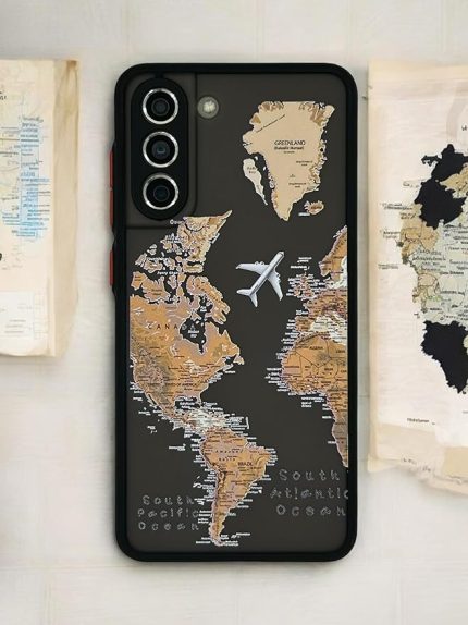 Samsung Galaxy S21 FE (Fan Edition) Uyumlu Dünya Haritası Desenli Kamera Korumalı Mat Transparan Plastik Arka Kapak Tpu Silikon Kenarlar Şık Ve Dayanıklı Koruma Hux Kılıf (Siyah Harita)