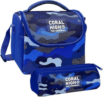 High Erkek Çocuk Mavi Lacivert Kamuflaj Thermo Beslenme Çantası ve Üç Bölmeli Kalem Çantası Seti