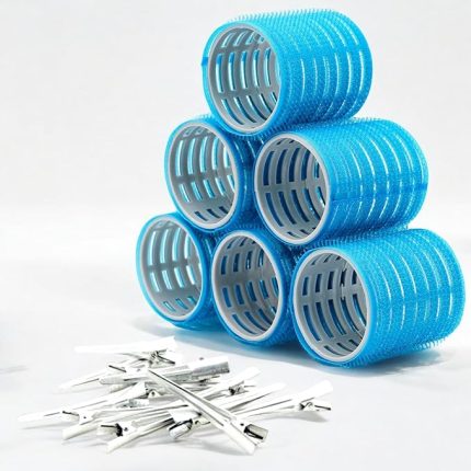 1214 Mega Boy Bigudi 6Lı + Saç Pensi 12li Cırtlı - Yapışkanlı Bigudi Mavi