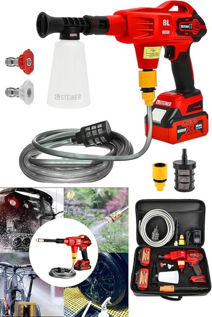 Alman 999 Vf 20 Ah 100 Bar Kömürsüz Şarjlı Oto Yıkama Makinesi Çift Akülü Bahçe Yıkama Makinası Kırmızı