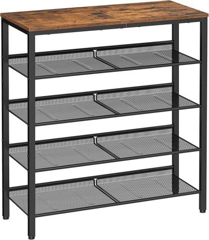 Ayakkabı Rafı 5 Katlı Ayakkabı Dolabı Açık Ayakkabı Rafı Ayakkabı Rafı 75 x 28 x 93 cm Çantalar için Büyük Yüzey Giriş Koridoru Metal Endüstriyel Tasarım Vintage Kahverengi Siyah LBS038B01