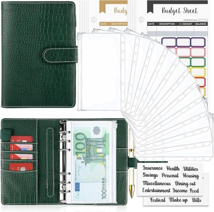 A6 Bütçe Klasörü Defter, 26 Adet PU Deri Bütçe Planlayıcı Doldurulabilir 6 Yuvarlak Halkalı Klasör Kapağı Şeffaf Plastik Zarf Cepleri, Yeşil Timsah Desenli Bağlayıcı Nakit Bütçe Düzenleyici için