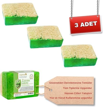 Doğal Kabak Lifli Aloe Vera Sabunu 120 Gr x 3 Adet Tüm Cilt Tipleri İçin B ve E Vitaminli