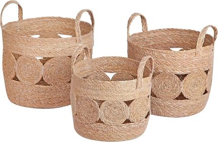 3'lü El Yapımı Doğal Hasır Kulplu Yuvarlak Desenli Saksı Seti, Hasır El Yapımı Suya Karşı Koruma Poşetli Yuvarlak Örgü Saksı 3'lü Set, Rattan Saksı Seti, (33cm*28cm-30cm*25cm-26cm*22cm)