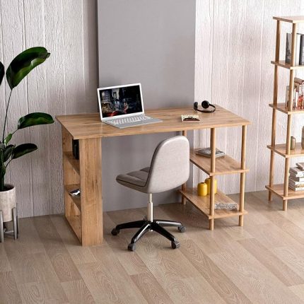 Çalışma Masası Bilgisayar Masası Ofis Ders Yemek Masası 4 Raflı Ahşap Ayaklı - Atlantik Çam
