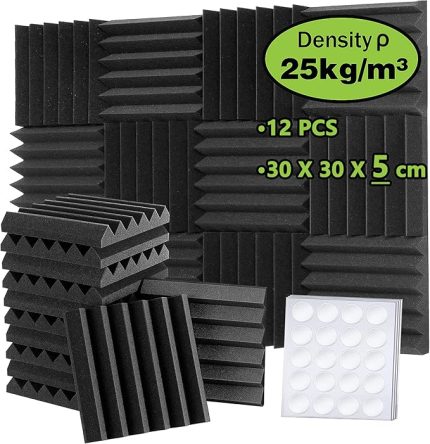 Akustik köpük, 30 x 30 x 5 cm (yoğunluk: 25 kg/m³) ses yalıtımı, akustik paneller, 3D yüksek yoğunluklu ses emici duvar, kayıt odaları, kayıt odaları ve ofisler için ses yalıtım malzemeleri