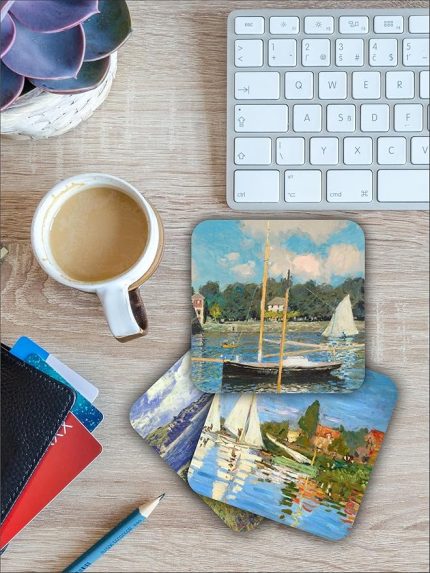 Claude Monet Temalı Ahşap Bardak Altlığı Ahşap Baskılı Altlık 6'lı set (9 x9CM) karbonNM20