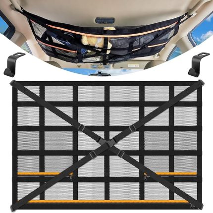 FINDING Araba çatısı, bagaj filesi, örtü, 90 x 65 cm, evrensel saklama ağı, ayarlanabilir çapraz kayışlar ve 3 bağımsız fermuarlı cep, dört çatı kolçakları için, otomobil, cip, minibüs, SUV