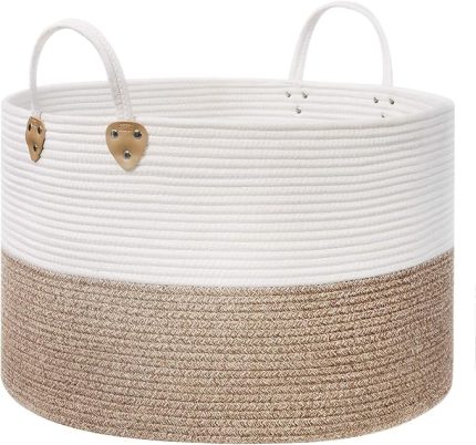 Pamuk Halat Sepeti, Tutma Saplı Pamuk Çamaşır Sepeti 100L, Oyuncak Elbise Battaniye İçin, Kahverengi-Bej 55x55x35 cm