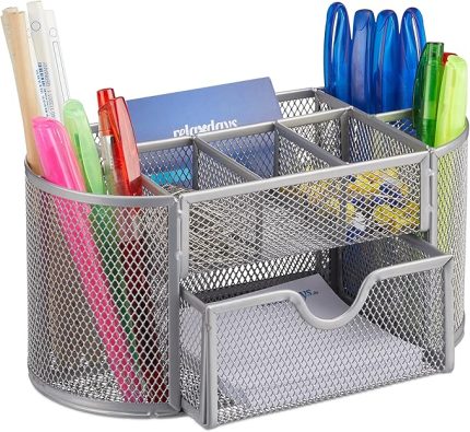 çalışma masası düzenleyici, kalem tutuculu ve çekmeceli ofis rafı, metal file, YGD: 10,5 x 22 x 11 cm, gümüş