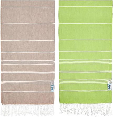 Pamuk EXTRA LARGE (90 x 180 cm) Peştemal Plaj Havlusu, OEKO-TEX Sertifikalı, Süper Yumuşak Deniz Havlusu, Hafif, Kum Tutmaz, Yıkanmış, Hızlı Kurur (2'li Set- F.Yesili-Acik Kahve)