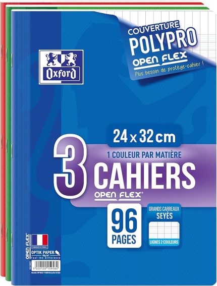 OpenFlex 3 defter 24 x 32 cm, büyük Seyes-Karos, 96 sayfa, polipropilen zarf, 90 g, farklı renkler