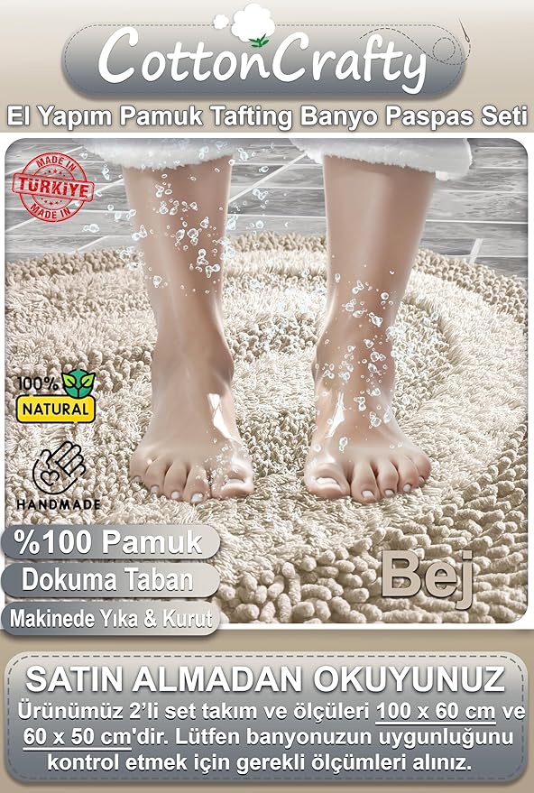 Pamuk El Tafting Banyo Paspas Seti, Banyo Halısı Cottonway 2 Li Set 60x100-60x50 (BEJ) - Görsel 3