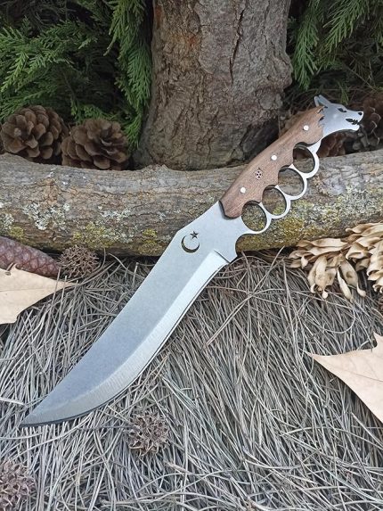Yıldız Kurt Başlı Ele Geçmeli Kabze 39cm Ayna Yüzey Ormancı Av Bıçağı