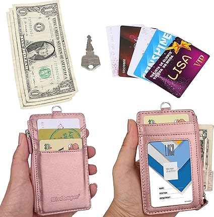 Fermuarlı Rozet Tutucu, Çift Taraflı PU Deri Kimlik Kartı Tutacağı Cüzdan Kılıfı 5 Kart Yuvası, 1 Yan Fermuarlı Cep ve 50 İnç Deri Boyun Kordonu/Kayışı - Pembe Altın (Dikey) - Görsel 4