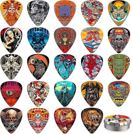 KAREZOG Gitar Seçimleri, 24'lü Paket Selüloit İnce, Orta, Ağır ve Ekstra Ağır Seçimler, Kalay Kutulu Benzersiz Sanatsal Çeşitlilik Paketi Gitar Seçimi, Akustik Gitar, Bas Gitar, Elektro Gitar için (İki