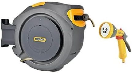 2401-3460H Duvara Monte 20 m Hortumlu Otomatik Geri Sarmalı Hortum Toplama Makara Seti + 2669H Multi Sprey Yuvarlak Başlıklı 5 Ayarlı Hortum Tabancası HEDİYELİ