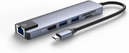 6 Port USB Hub 3.0 Type C giriş Ethernet/HDMI Dönüştürücü Çoklayıcı Çoğaltıcı (GRİ)