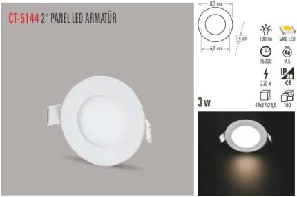 CT-5144-G Panel LED Slim Yuvarlak Spot 3 W 3000K Gun Işığı Beyaz Gövde