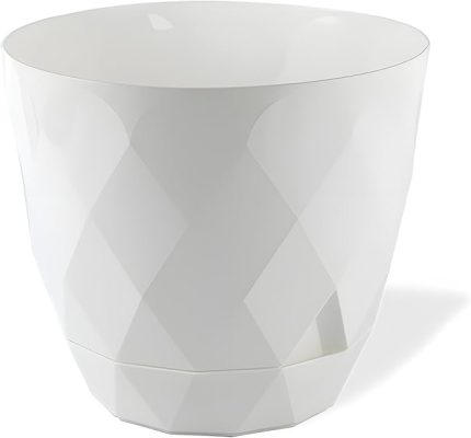 Yakamoz Prizma Saksı Drenajlı Tabaklı Plastik Çiçek Saksısı (Beyaz, 9.2 lt)