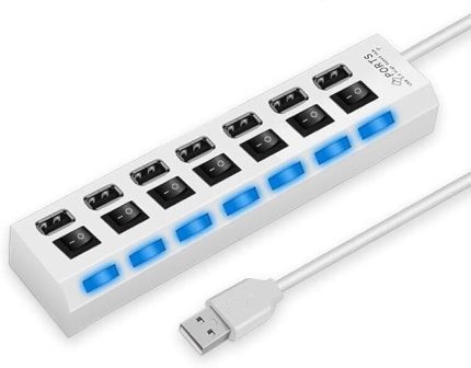 7 Portlu 2.0 USB Hub Çoklu USB Çoklayıcı Splitter Power Tuşlu Adaptör Beyaz