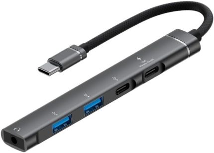 Type-C Hub, 5in1, 2 Adet Type-C, 2 Adet USB-A Çoklayıcı, 3,5 mm Kulaklık Çıkışlı USB C Hub Adaptörü Macbook ile Uyumlu H03