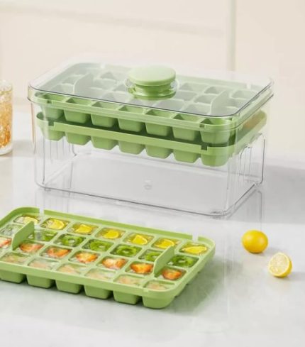 56'lı 2 Katlı Mika Buz Kalıbı Hazneli ve Basmalı Buzluk - Silikon Buz Kalıbı Seti - Kolay Buz Çıkarma - Geniş Buzluk Kutusu - Buz Saklama Kabı - Sağlıklı ve Pratik