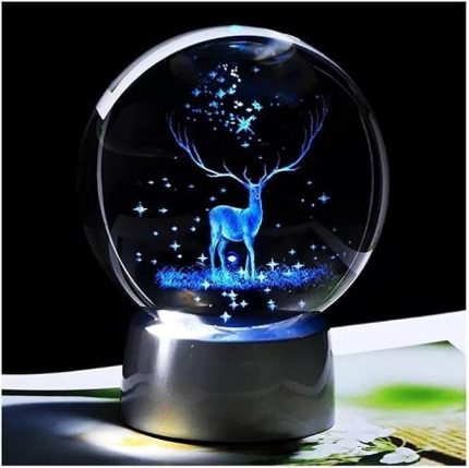 Kristal Cam Küre Renk Değiştiren LED Işıklı Gece Lambası Dekoratif Hediyelik (Geyik)