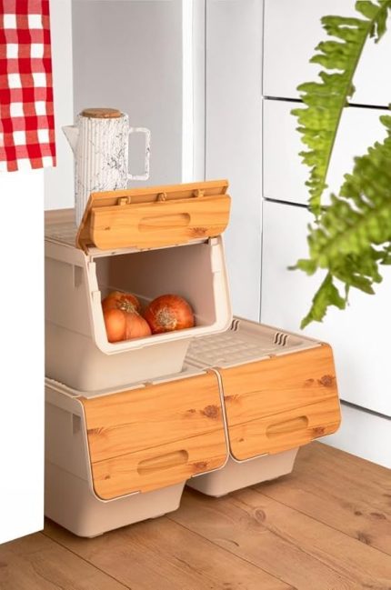 Patateslik Soğanlık Sepeti Oyuncak Kutusu Tekerlekli Organızer Çok Amaçlı Kutu 3X12Lt-Bambu+Krem