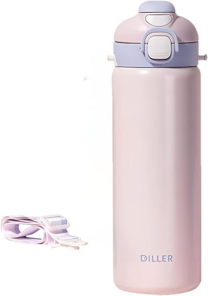 700ml Tek Kapak Çift Kullanım Pipetli/Pipetsiz Askılı Çelik Su Matarası 6 saat sıcak/soğuk (Pudra)