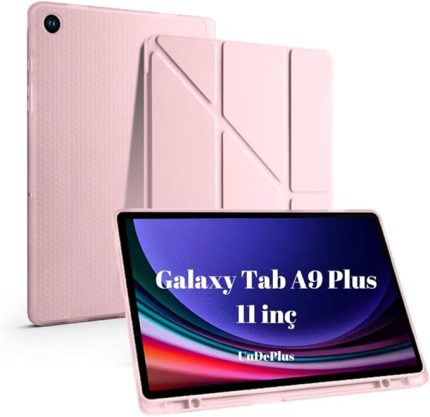 Samsung Galaxy Tab A9 Plus 11inç X210 X215 X216 ile uyumlu Kılıf Kalem Bölmeli Trifolding Case Rose Gold