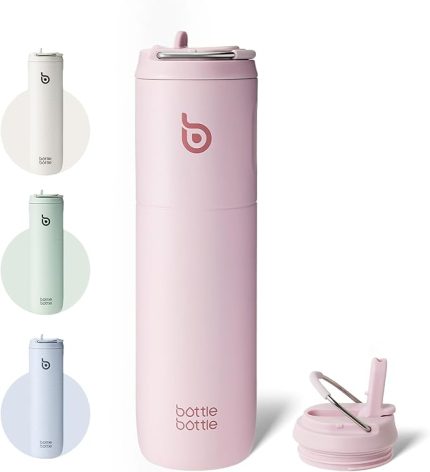 BOTTLE Yalıtımlı Su Şişesi 24 oz Hasır Kapaklı ve Saplı Spor Seyahat Spor Salonu Paslanmaz Çelik Su Şişeleri Çift Duvarlı Vakumlu Metal Termos Şişeler Sızdırmaz BPA İçermez (Açık Pembe)