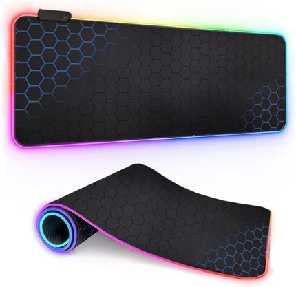 Büyük Oyuncu RGB Mousepad ve Klavye Pad Mavi Altıgen Desenli Blue Hex Tasarım Işıklı 70cm x 30cm Mouse Pad