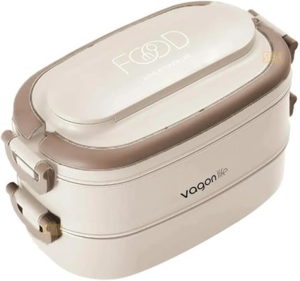 Bento 1140ml Lunchbox 2 Katlı 4 Bölmeli Mini Kaseli Çelik Sefer Tası Yemek Kutusu (Bej)