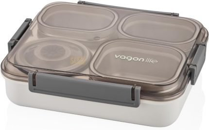 Bento 1200ml Lunchbox Tek Katlı 4 Bölmeli ve Kaseli Çelik Sefer Tası Yemek Kutusu (Gri)