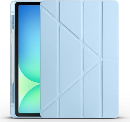 Galaxy Tab S10 FE Plus ile Uyumlu Kılıf Kalem Bölmeli Tri Folding Katlanabilir Standlı PU Deri Yumuşak Silikon, Tablet Kapak [Akıllı Kapak, Uyku Modlu] - Mavi