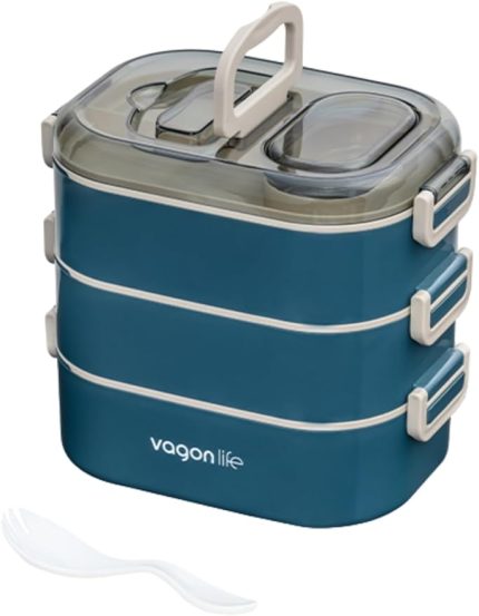 Bento 1450ml Lunchbox Üç Katlı 5 Bölmeli ve Mini Sosluklu Çelik Sefer Tası Yemek Kutusu (Lacivert)