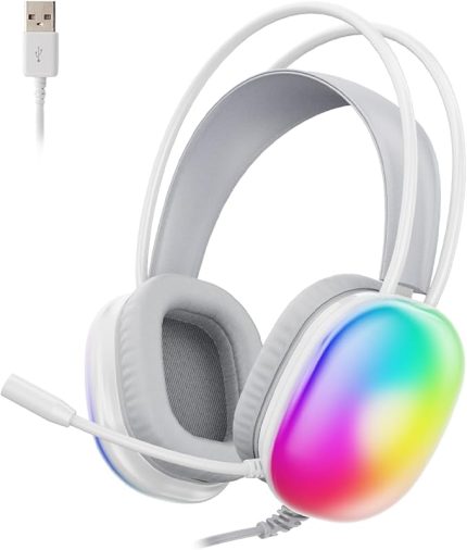 HT409 USB Kablolu RGB LED Aydınlatmalı Mikrofonlu Kulak Üstü Gaming Kulaklık Beyaz (Beyaz)