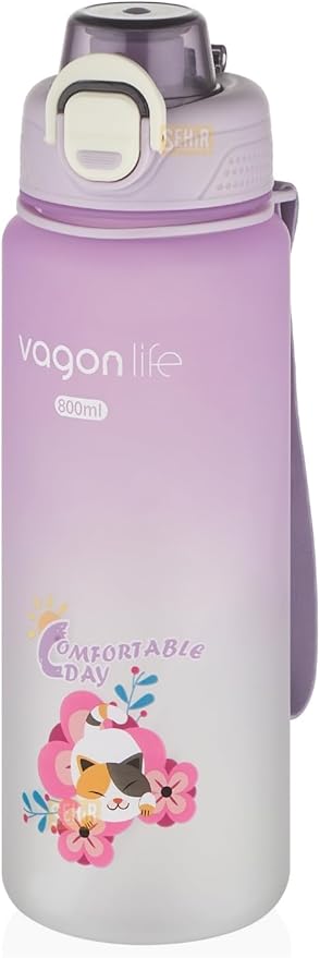 800ml Sevimli Hayvanlar Desenli Pipetli/Pipetsiz Kullanım Polikarbon Su Matarası (Lila)