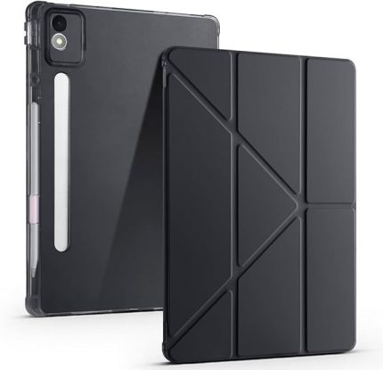 Lenovo Idea Tab Pro 12.7 (TB-373FU/ TB-375FC) ile Uyumlu Kılıf Tri Folding Silikon Kalem Bölmeli Katlanabilir Standlı PU Deri Yumuşak Kapak, [Akıllı Kapak, Uyku Modlu], Siyah