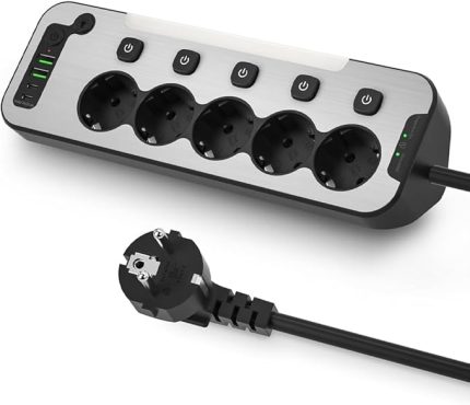 Anahtarlı 5'li Işıklı Akım Korumalı Çoklu Priz 4000W, 2x USB - 2x Type-C Giriş, Metal Ön Panel Uzatma Kablosu Köşe Beşli Priz, Topraklı, 2 Metre Kablo