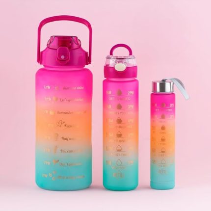 11918 3 lü Motivasyon Stickerlı Kokusuz Spor Su Matarası - Su Şişesi - Renkli Suluk Fuşya