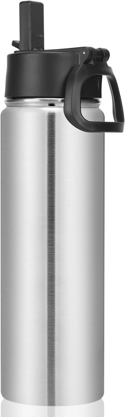 650 ml içecek şişesi, paslanmaz çelik, pipetli, çift duvarlı, vakum izolasyonlu, çocuk, metal, sızdırmaz, BPA içermez, spor, okul, dış mekan için termos (gümüş, 22 oz)