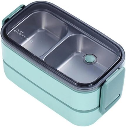 Bento 1400ml Lunchbox İki Katlı 2 Bölmeli Çelik Sefer Tası Yemek Kutusu (Yeşil)