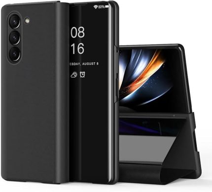 Samsung Galaxy Z Fold 5 için cep telefonu kılıfı, Smart Mirror Flip Case stant fonksiyonu, ayna kaplama tüm gövde 360° Smart Cover koruyucu kılıf Samsung Galaxy Z Fold 5 için (siyah)