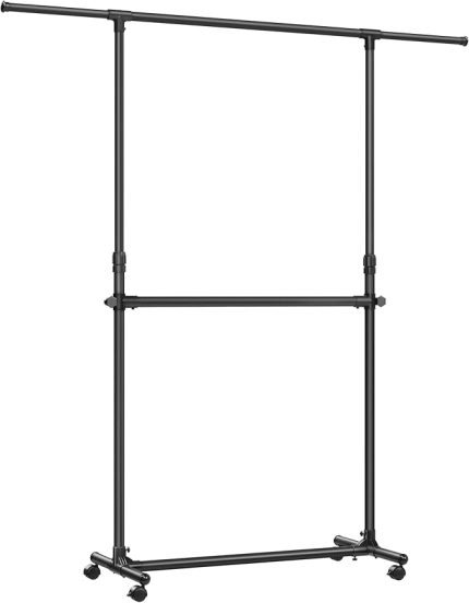 2 Elbise Askısı, Uzatılabilir Gardırop Askısı, Tekerlekli Gardırop Askısı, Yüksekliği 113 ila 180 cm Arasında Yüksekliği Ayarlanabilir, Alt Çubuk Ayarlanabilir, Siyah LLR401B01
