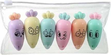 Fosforlu Kalem 6’lı Mini Boy Pastel Renkler Havuç Yüz ifadeli İşaretleme Kalemi, Çok Renkli